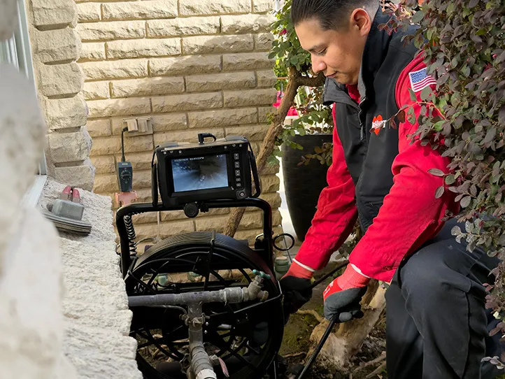 A Dehart Technician performing a drain & sewer service