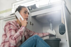 woman-holding-towel-to-pipe-under-sink-while-on-phone