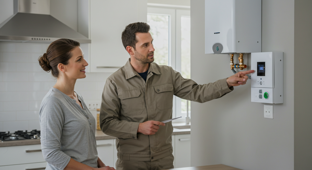 Homeowner consulting with plumber during tankless water heater installation in modern kitchen.