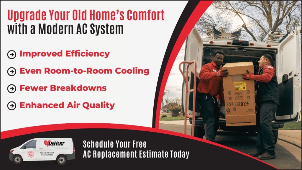This is an image of DeHart technicians delivering a new AC unit the headline reads upgrade your old homes comfort with a modern AC system.