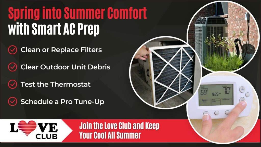 This is an image of an overgrown air-conditioning unit someone replacing a filter and adjusting a thermostat. The headline reads bring into summer comfort with smart AC prep.