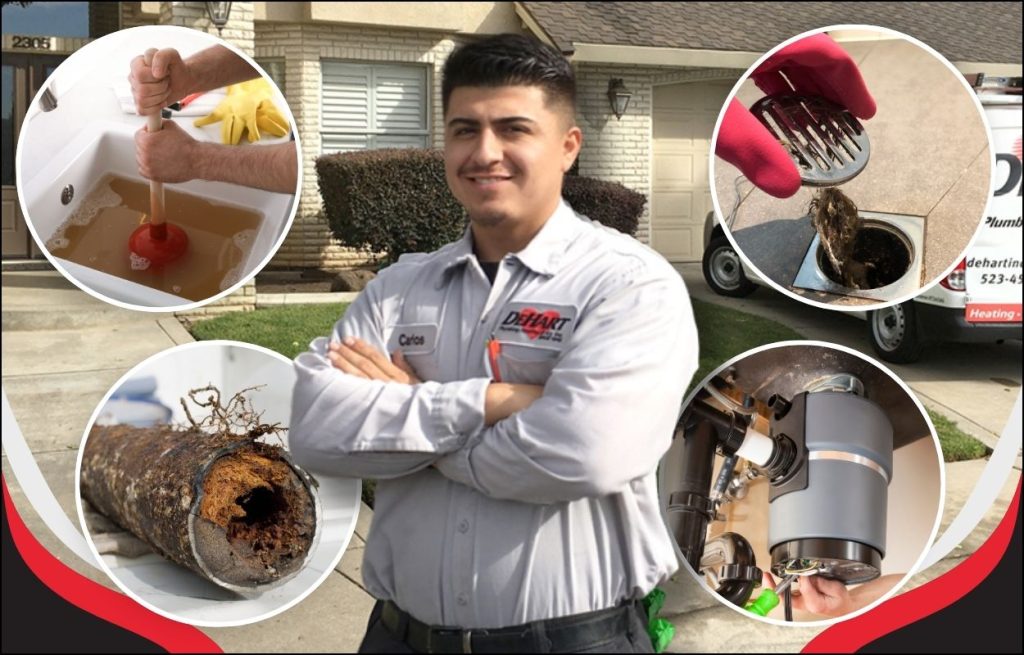 This is an image of a DeHart plumber, surrounded by four circles that have images in them. One is a clogged sink with a plunger once a clogged pipe once a garbage disposal, and one's a clogged drain with hair in it.