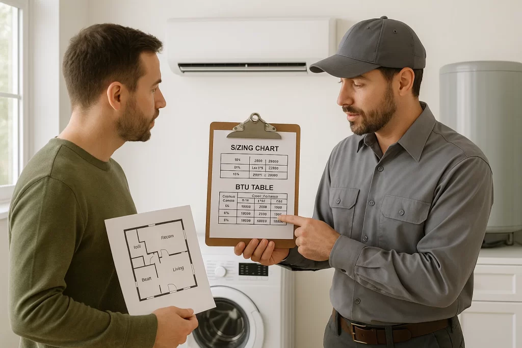 Technician showing room measurements and BTU chart to homeowner for proper sizing