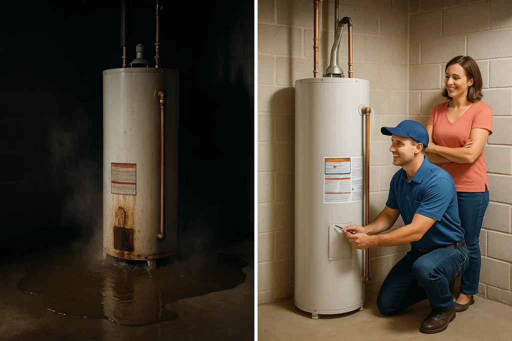 Split-scene showing neglected versus maintained water heater system