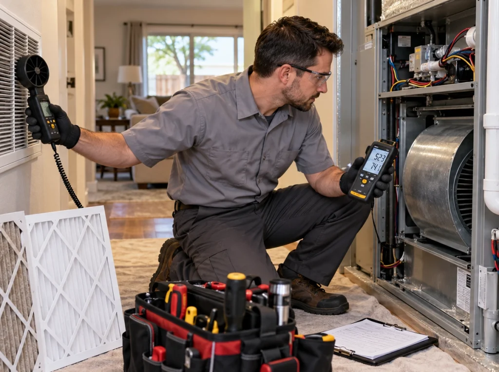 HVAC technician checking airflow and humidity in a Modesto home
